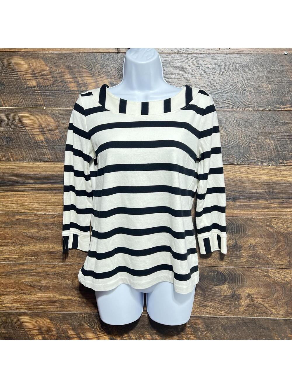 Talbots Boatneck Striped Top S Black Ivory Button Shoulder Coastal Grandma Prepp